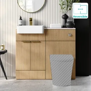 Sicily Fluted Country Oak Basin Vanity with Marble Top & Back To Wall Unit 1000mm (Excludes Toilet) - Brushed Brass Accents