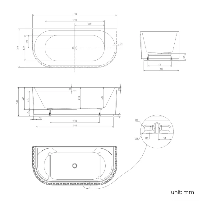 Brent 1700mm Fluted Matt White Back To Wall Bath