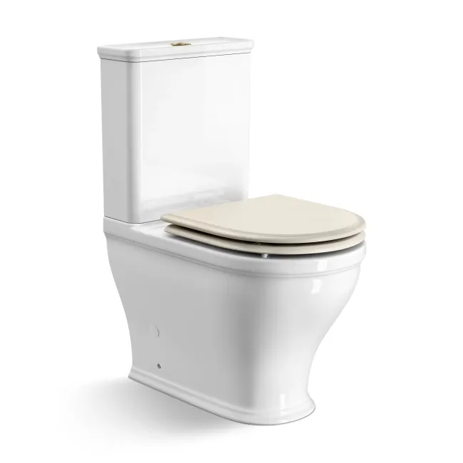 Kansas Traditional Rimless Close Coupled Toilet With Chalk White Wooden Seat - Brushed Brass Hinges