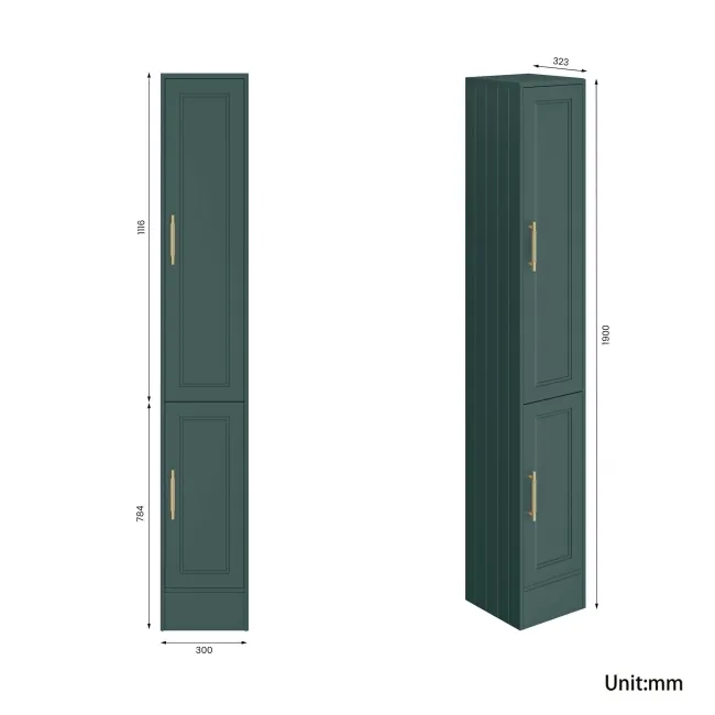Monaco Midnight Green Floor Standing Tall Cabinet Unit 1900x300mm - Brass Knurled Handles