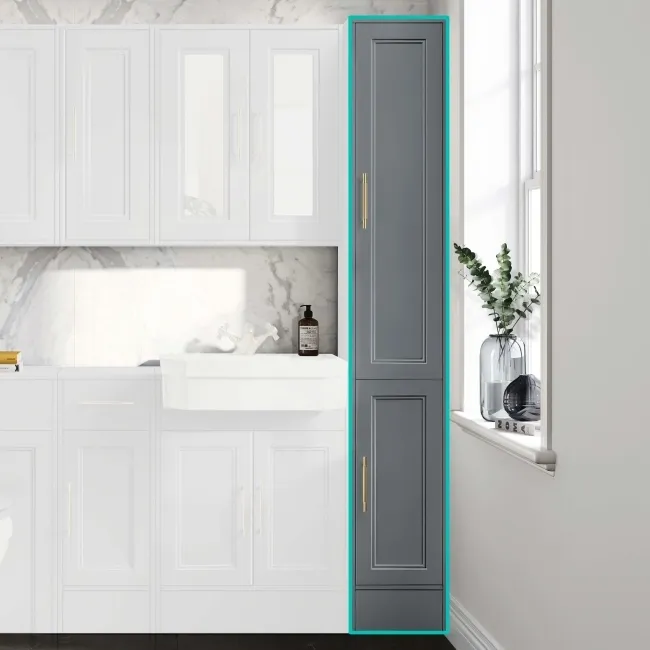 Monaco Dove Grey Floor Standing Tall Cabinet Unit 1900x300mm - Brass Knurled Handles