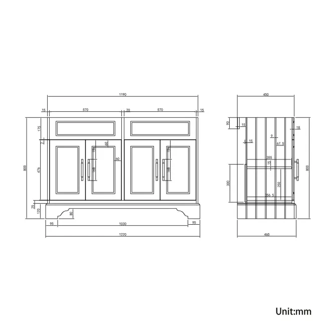 Lucia Chalk White Double Vanity with Oak Effect Top & Curved Counter Top Basin 1200mm - Brass Knurled Handles
