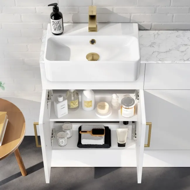 Harper Gloss White Combination Vanity Basin with Marble Top & Houston Toilet 1000mm - Brushed Brass Accents