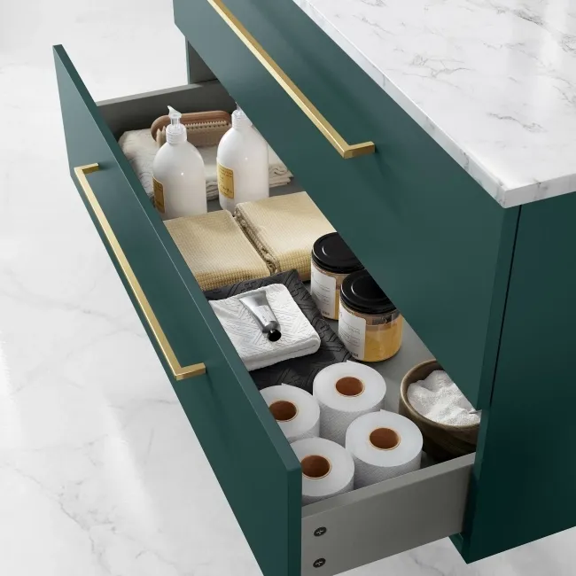 Elba Midnight Green Wall Hung Drawer Vanity with Marble Top & Cody Basin 1000mm - Brushed Brass Accents