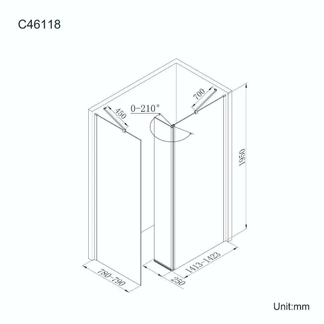 Copenhagen Easy Clean 8mm Walk In Shower Enclosure 1400mm & 800mm Glass with Pivotal Return Panel