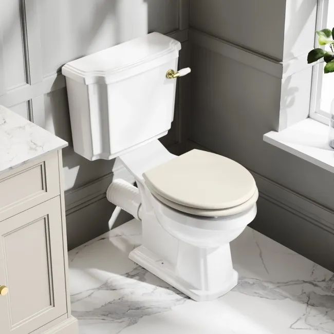 Hudson Traditional Close Coupled Toilet With Chalk White Wooden Seat - Brushed Brass Lever