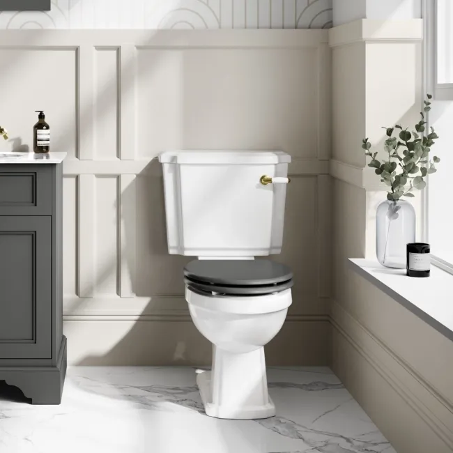 Hudson Traditional Close Coupled Toilet With Graphite Grey Wooden Seat - Brushed Brass Lever