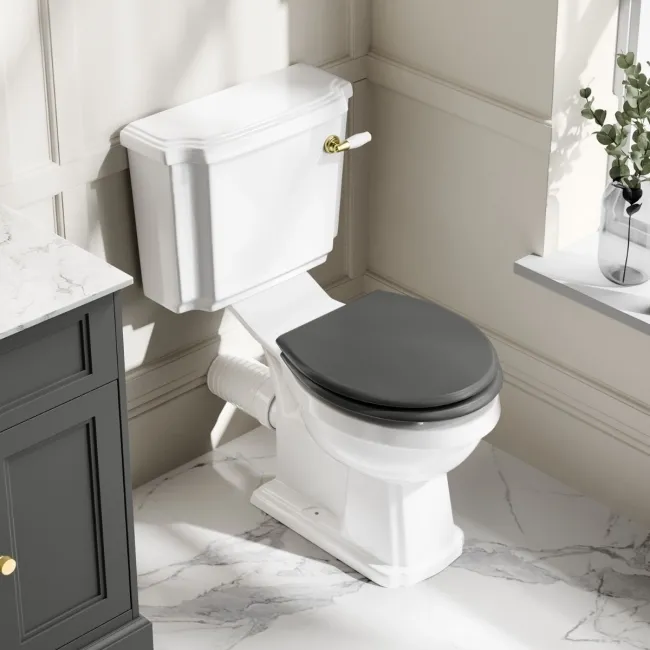 Hudson Traditional Close Coupled Toilet With Graphite Grey Wooden Seat - Brushed Brass Lever