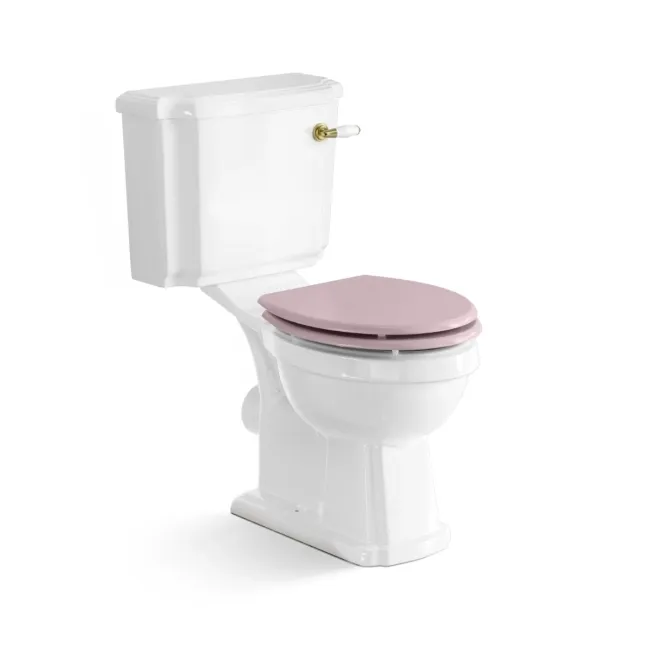 Hudson Traditional Close Coupled Toilet With Cashmere Pink Wooden Seat - Brushed Brass Lever