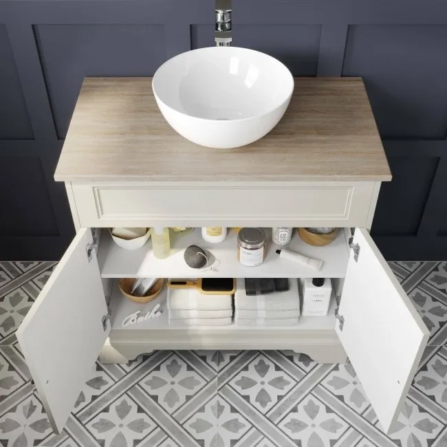 Lucia Chalk White Cabinet with Oak Effect Top 840mm - Excludes Counter Top Basin