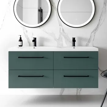 Elba Midnight Green Wall Hung Double Basin Drawer Vanity 1200mm - Black Accents