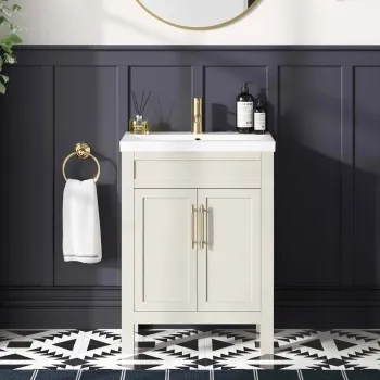 Bermuda Chalk White Basin Vanity 600mm - Brass Knurled Handles