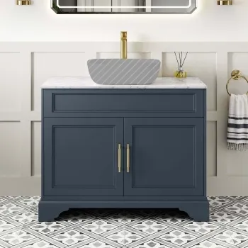 Lucia Inky Blue Cabinet with Marble Top 1030mm (Excludes Counter Top Basin) - Brass Knurled Handles
