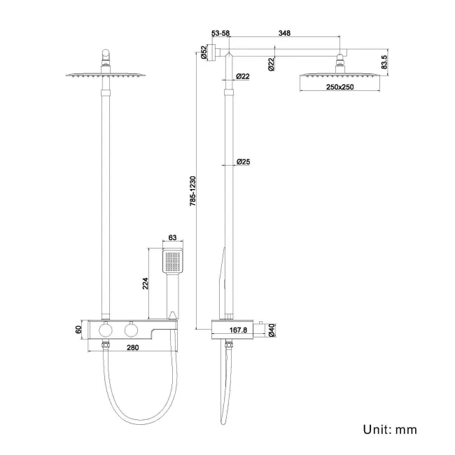 Navan Cool Touch Square Thermostatic Shower with Large 250mm Head