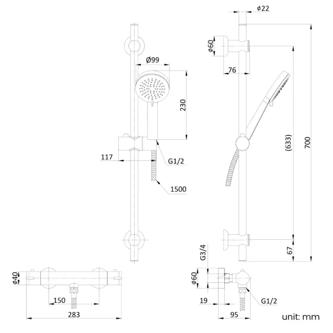 Aran Chrome Round Thermostatic Bar Shower Set