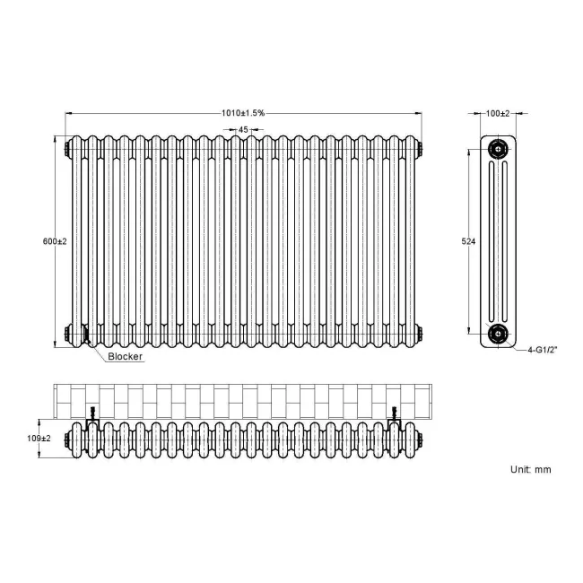 Athens White Triple Column Horizontal Traditional Radiator 600x1010mm