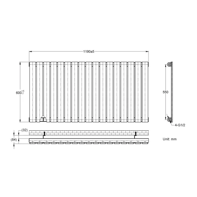 Faro Matt Black Single Flat Panel Horizontal Radiator 600x1190mm