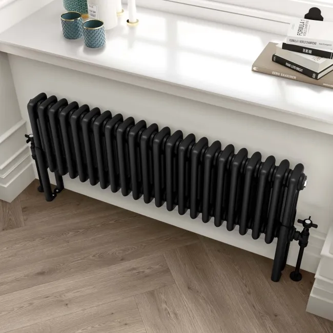 Athens Matt Black Triple Column Horizontal Traditional Radiator 300x1010mm