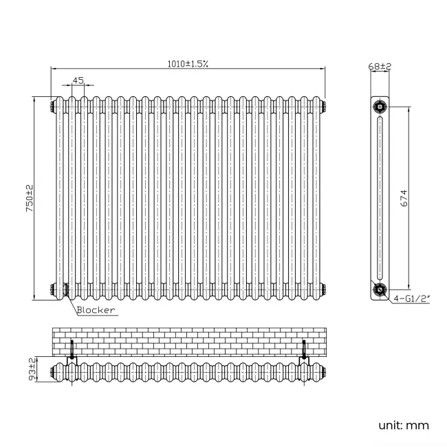 Athens Matt Black Double Column Horizontal Traditional Radiator 750x1010mm