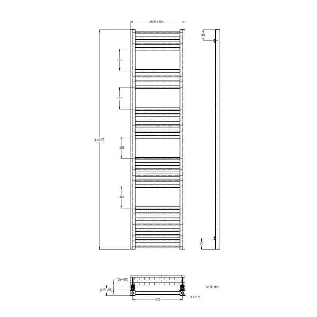 Valetta Matt Black Square Heated Towel Rail 1800x450mm