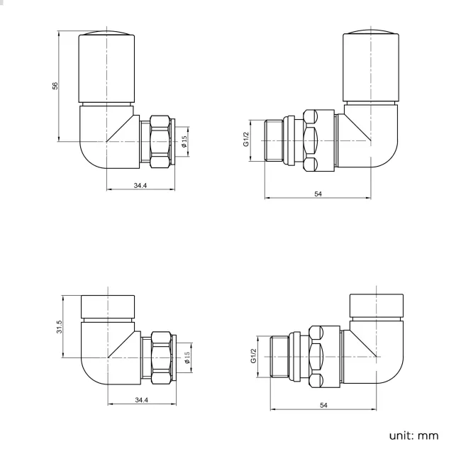 Matt Black Angled Corner Radiator Valves and lockshield pack (Pair) Standard 15mm