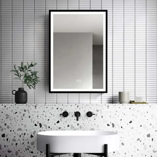 Mia Black Framed Illuminated LED Mirror Cabinet With BLUETOOTH Speaker 710x500mm