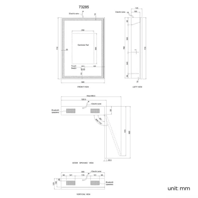 Mia Matt Brass Illuminated LED Mirror Cabinet With BLUETOOTH Speaker 710x500mm