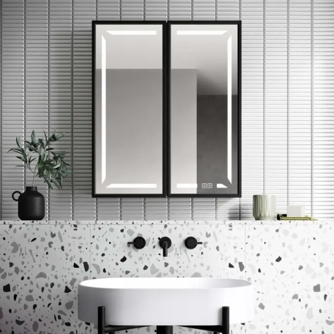 Mia Black Framed Illuminated LED Mirror Cabinet With BLUETOOTH Speaker & USB Port 710x600mm