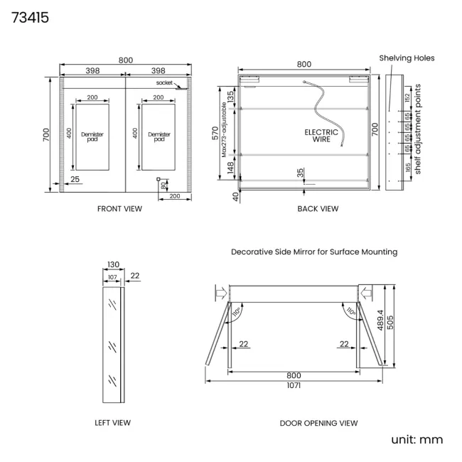 Selma Matt Black Illuminated LED Recessed Mirror Cabinet 700x800mm