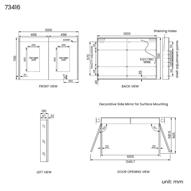 Selma Matt Black Illuminated LED Recessed Mirror Cabinet 700x1000mm