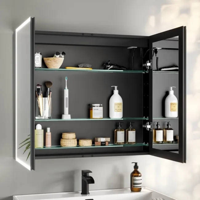 Esme Matt Black Illuminated LED Recessed Mirror Cabinet 700x800mm