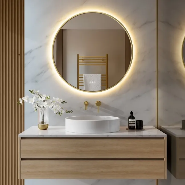 Delilah Brushed Brass Round Backlit LED Mirror With BLUETOOTH Speaker 800mm