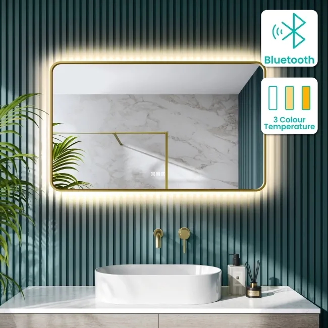 Mila Brushed Brass Backlit Illuminated LED Mirror With BLUETOOTH Speaker 600x1000mm