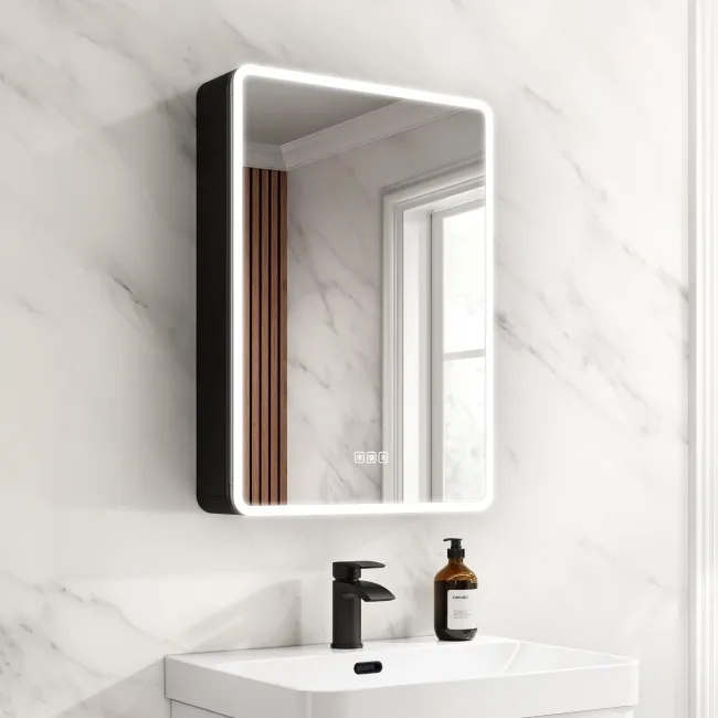Aurora Matt Black Illuminated LED Mirror Cabinet With BLUETOOTH Speaker 700x500mm