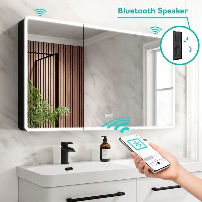 Aurora Matt Black Illuminated LED Mirror Cabinet With BLUETOOTH Speaker 700x1200mm