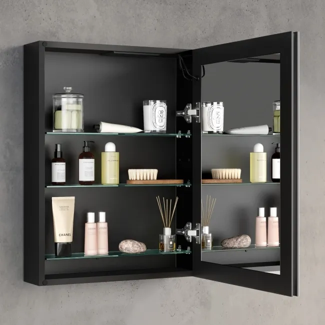 Selma Battery Operated Matt Black Illuminated LED Mirror Cabinet 600x450mm