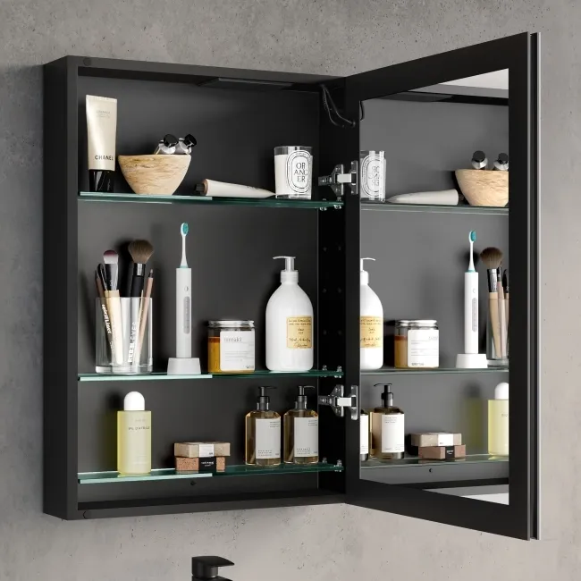 Selma Battery Operated Matt Black Illuminated LED Mirror Cabinet 700x500mm