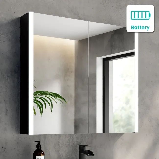 Selma Battery Operated Matt Black Illuminated LED Mirror Cabinet 700x800mm