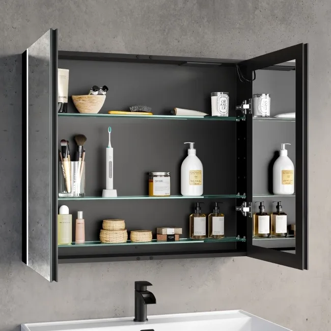 Selma Battery Operated Matt Black Illuminated LED Mirror Cabinet 700x800mm
