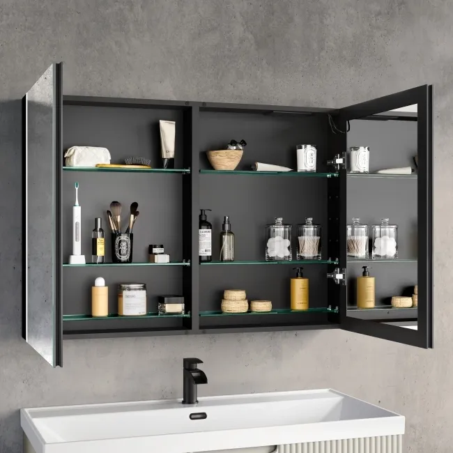 Selma Battery Operated Matt Black Illuminated LED Mirror Cabinet 700x1000mm
