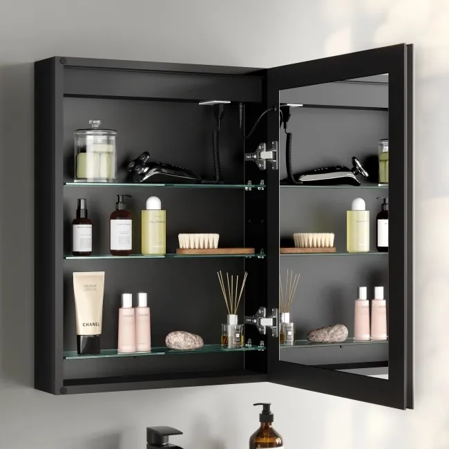 Esme Matt Black Illuminated LED Mirror Cabinet With BLUETOOTH Speaker 600x450mm