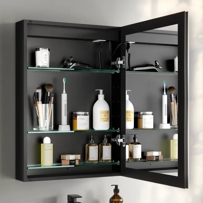 Esme Matt Black Illuminated LED Mirror Cabinet With BLUETOOTH Speaker 700x500mm