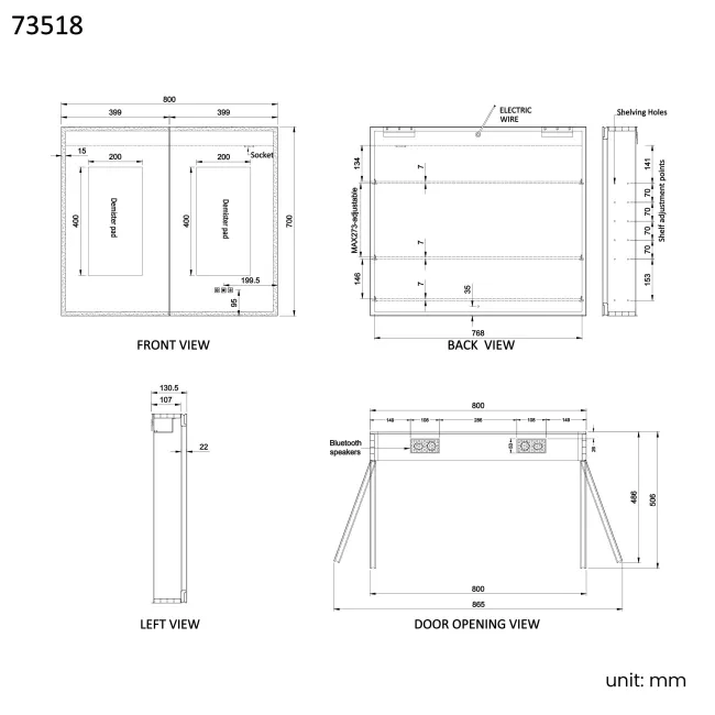 Esme Matt Black Illuminated LED Mirror Cabinet With BLUETOOTH Speaker 700x800mm