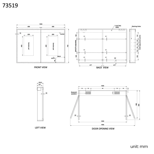 Esme Matt Black Illuminated LED Mirror Cabinet With BLUETOOTH Speaker 700x1000mm