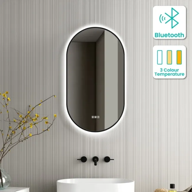 Ada Black Framed Backlit Illuminated LED Mirror With BLUETOOTH Speaker 900x500mm