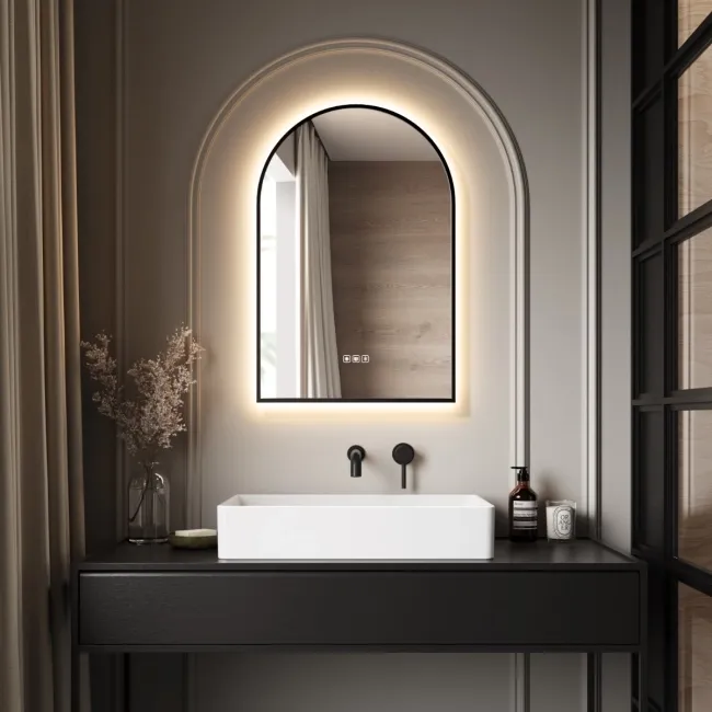 Maya Black Framed Arched Backlit Illuminated LED Mirror With BLUETOOTH Speaker 750x500mm