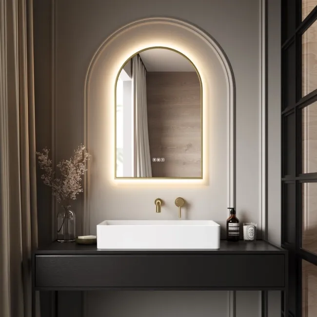 Maya Brushed Brass Arched Backlit Illuminated LED Mirror With BLUETOOTH Speaker 750x500mm