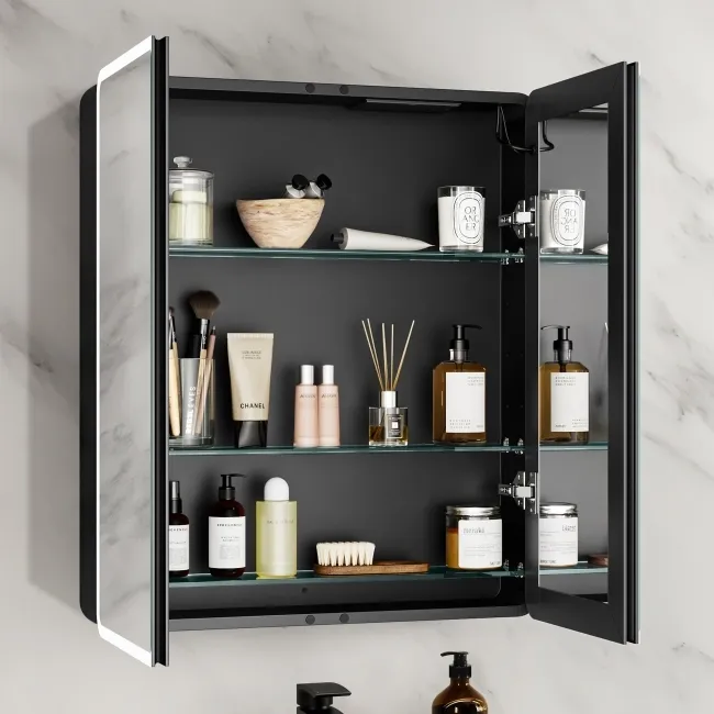 Aurora Battery Operated Matt Black Illuminated LED Mirror Cabinet 700x600mm