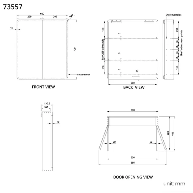 Aurora Battery Operated Matt Black Illuminated LED Mirror Cabinet 700x600mm
