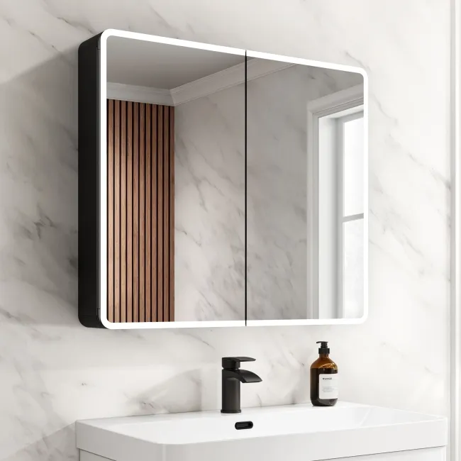 Aurora Battery Operated Matt Black Illuminated LED Mirror Cabinet 700x800mm